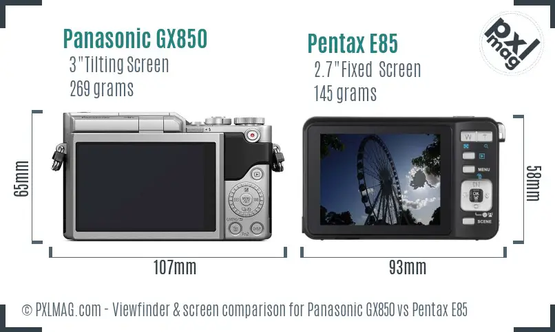 Panasonic GX850 vs Pentax E85 Screen and Viewfinder comparison