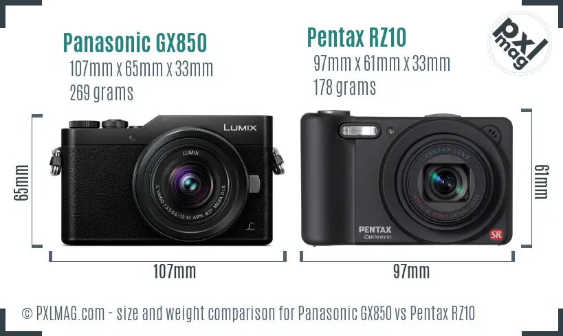 Panasonic GX850 vs Pentax RZ10 size comparison