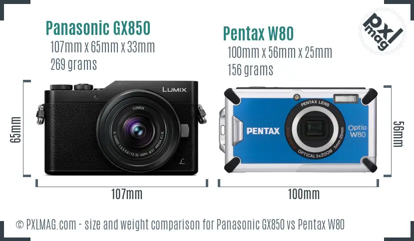 Panasonic GX850 vs Pentax W80 size comparison