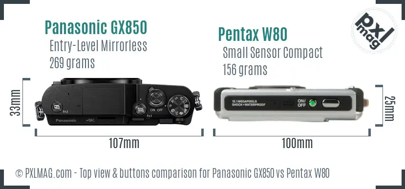 Panasonic GX850 vs Pentax W80 top view buttons comparison
