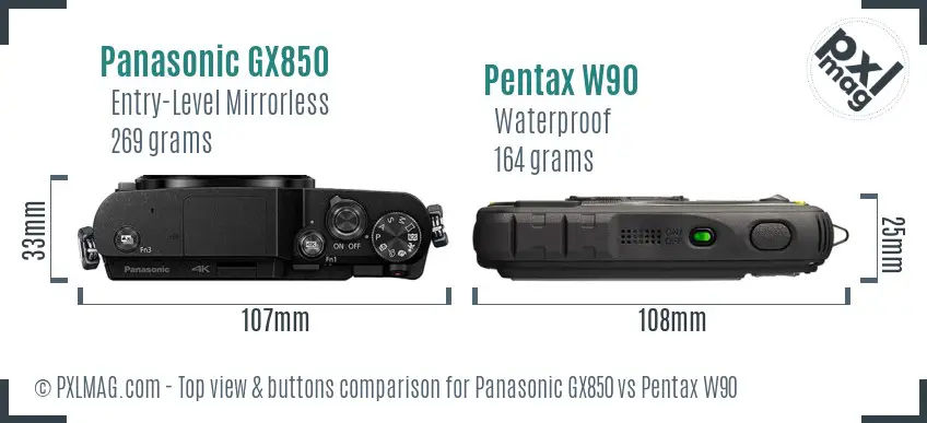 Panasonic GX850 vs Pentax W90 top view buttons comparison