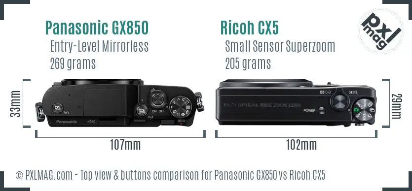 Panasonic GX850 vs Ricoh CX5 top view buttons comparison