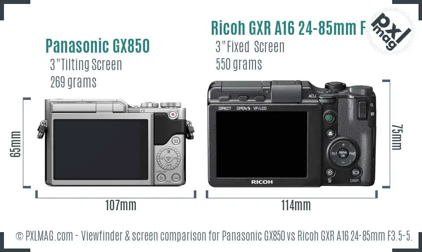 Panasonic GX850 vs Ricoh GXR A16 24-85mm F3.5-5.5 Screen and Viewfinder comparison