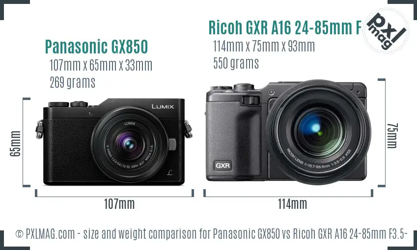 Panasonic GX850 vs Ricoh GXR A16 24-85mm F3.5-5.5 size comparison