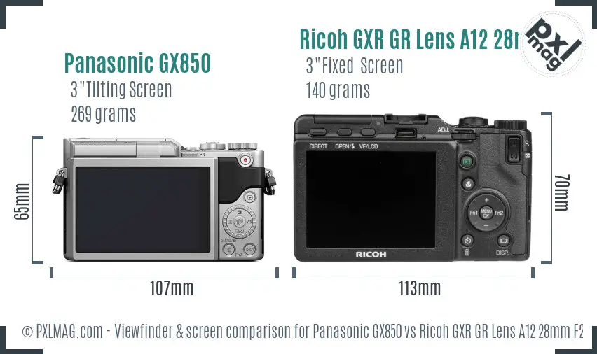 Panasonic GX850 vs Ricoh GXR GR Lens A12 28mm F2.5 Screen and Viewfinder comparison