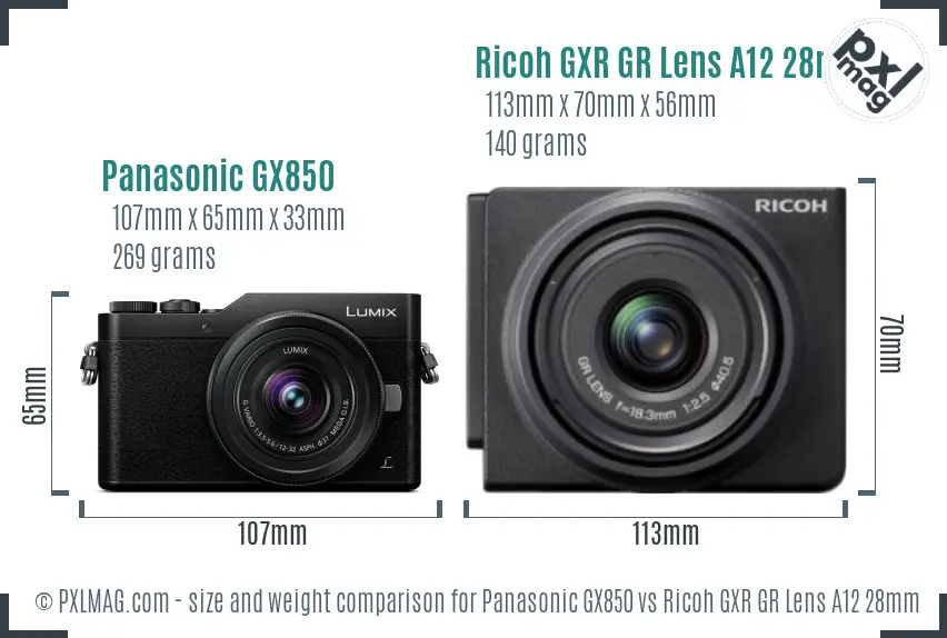 Panasonic GX850 vs Ricoh GXR GR Lens A12 28mm F2.5 size comparison