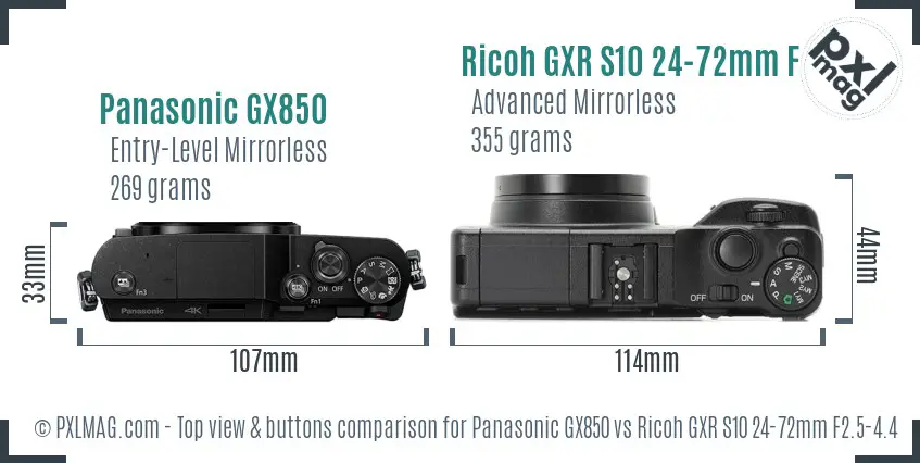Panasonic GX850 vs Ricoh GXR S10 24-72mm F2.5-4.4 VC top view buttons comparison