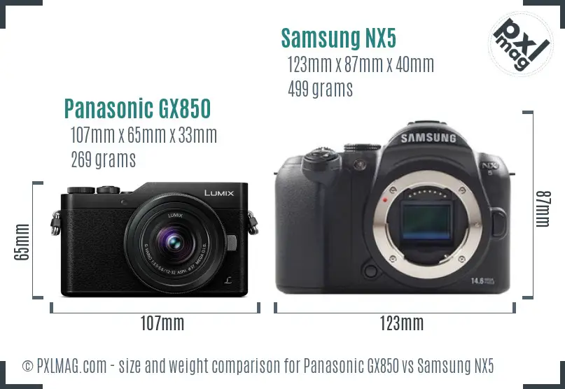 Panasonic GX850 vs Samsung NX5 size comparison