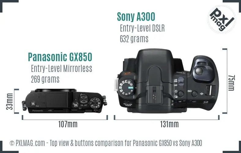 Panasonic GX850 vs Sony A300 top view buttons comparison Panasonic GX850 vs Sony A300 top view buttons comparison
