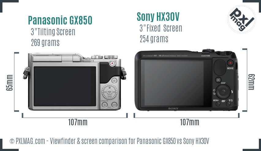 Panasonic GX850 vs Sony HX30V Screen and Viewfinder comparison