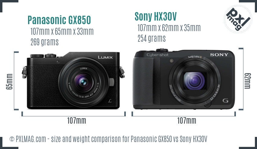 Panasonic GX850 vs Sony HX30V size comparison