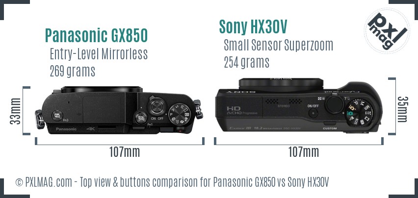 Panasonic GX850 vs Sony HX30V top view buttons comparison