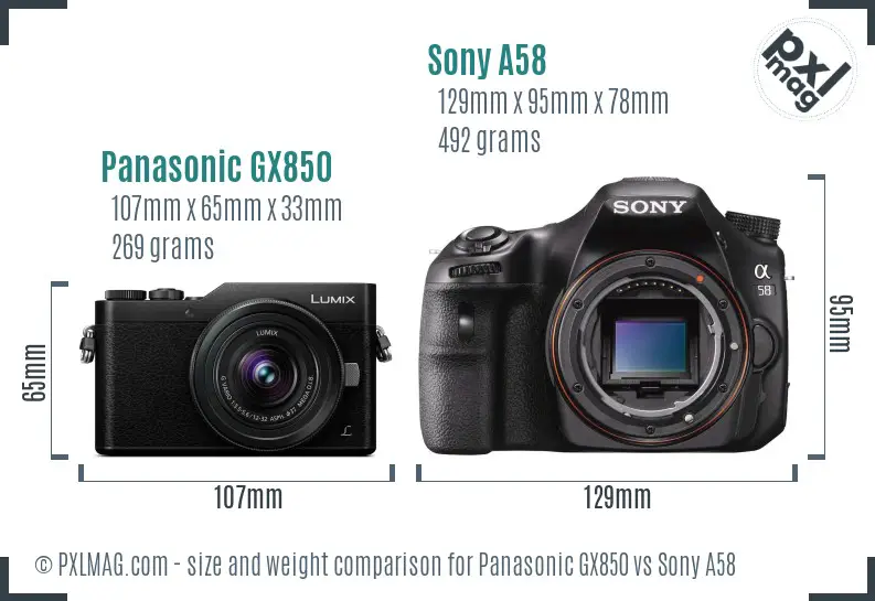 Panasonic GX850 vs Sony A58 size comparison