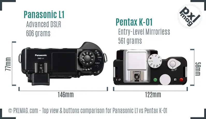 Panasonic L1 vs Pentax K-01 top view buttons comparison