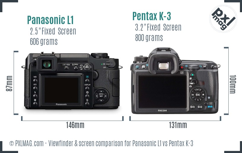 Panasonic L1 vs Pentax K-3 Screen and Viewfinder comparison