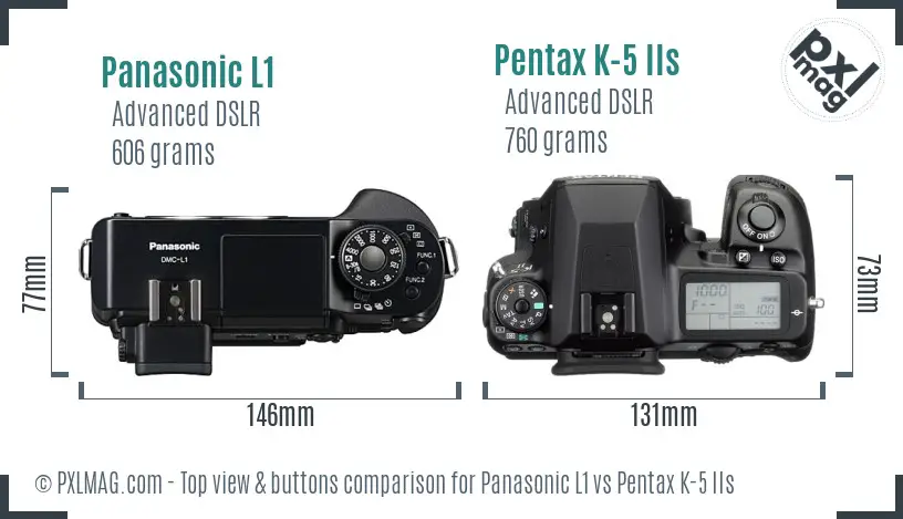 Panasonic L1 vs Pentax K-5 IIs top view buttons comparison