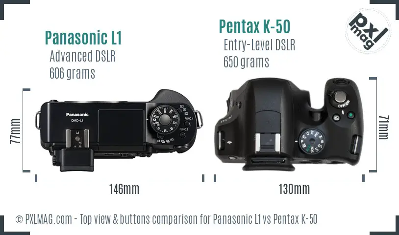 Panasonic L1 vs Pentax K-50 top view buttons comparison