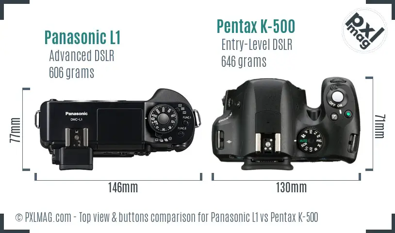 Panasonic L1 vs Pentax K-500 top view buttons comparison