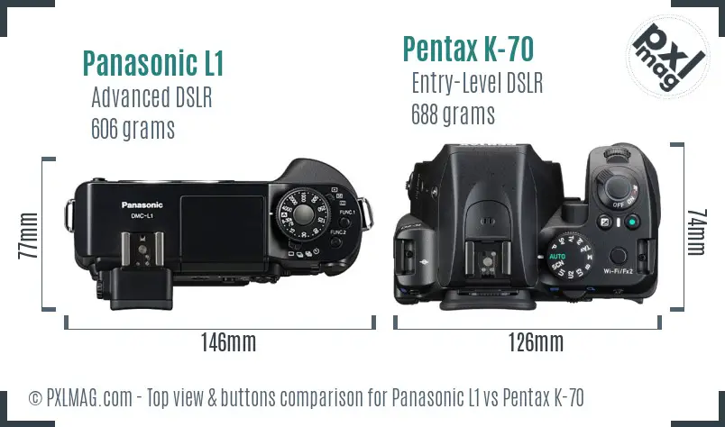 Panasonic L1 vs Pentax K-70 top view buttons comparison