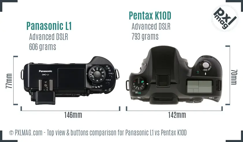 Panasonic L1 vs Pentax K10D top view buttons comparison