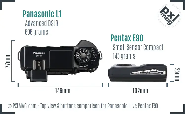 Panasonic L1 vs Pentax E90 top view buttons comparison