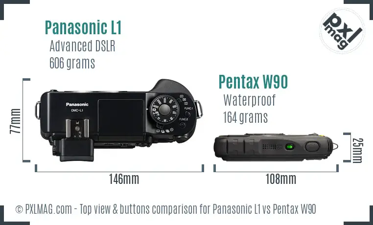 Panasonic L1 vs Pentax W90 top view buttons comparison