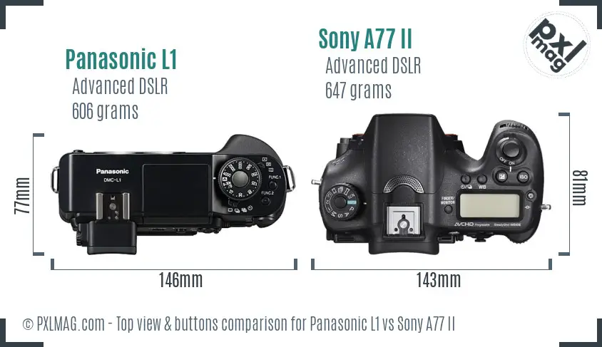 Panasonic L1 vs Sony A77 II top view buttons comparison