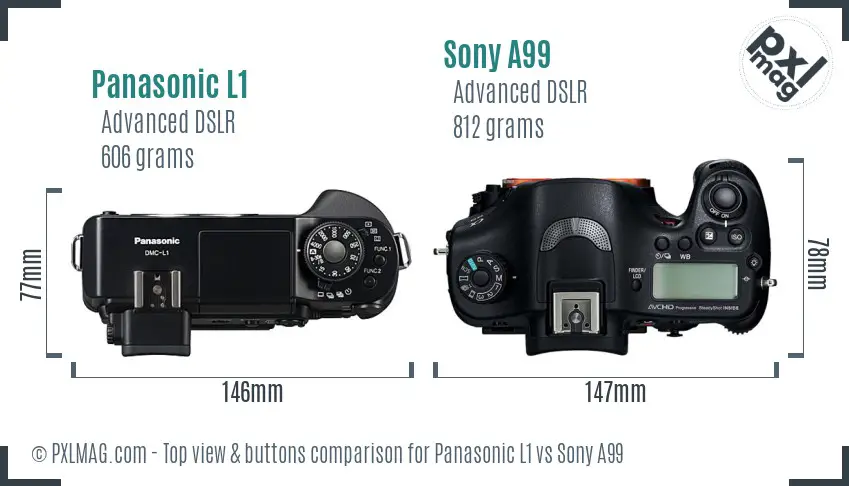 Panasonic L1 vs Sony A99 top view buttons comparison