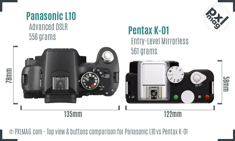 Panasonic L10 vs Pentax K-01 top view buttons comparison