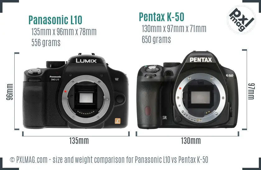 Panasonic L10 vs Pentax K-50 size comparison