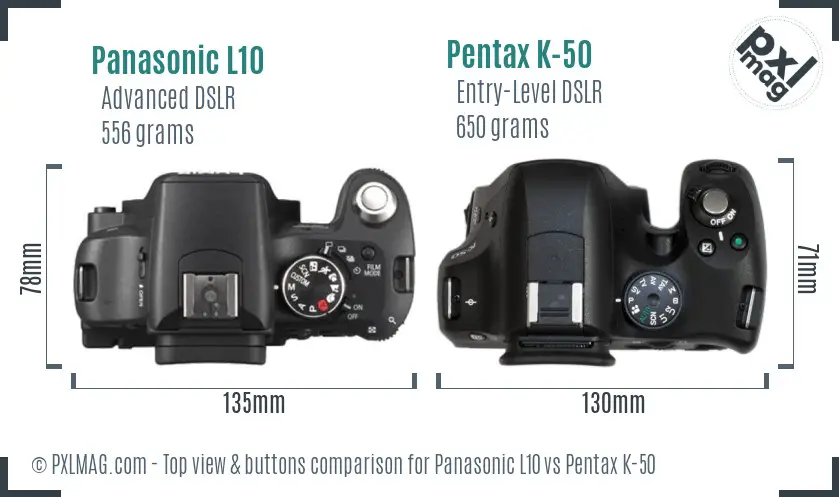 Panasonic L10 vs Pentax K-50 top view buttons comparison