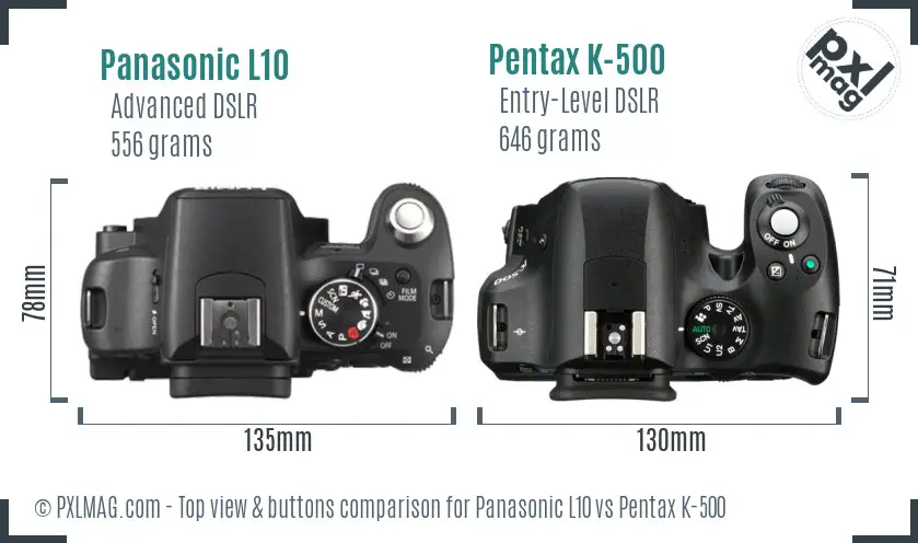 Panasonic L10 vs Pentax K-500 top view buttons comparison