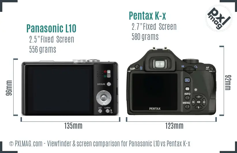 Panasonic L10 vs Pentax K-x Screen and Viewfinder comparison