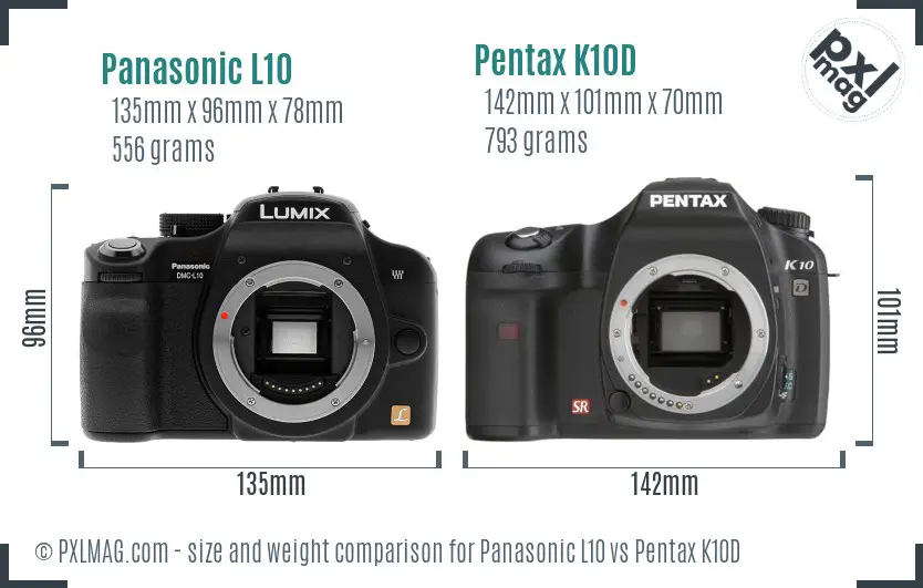 Panasonic L10 vs Pentax K10D size comparison