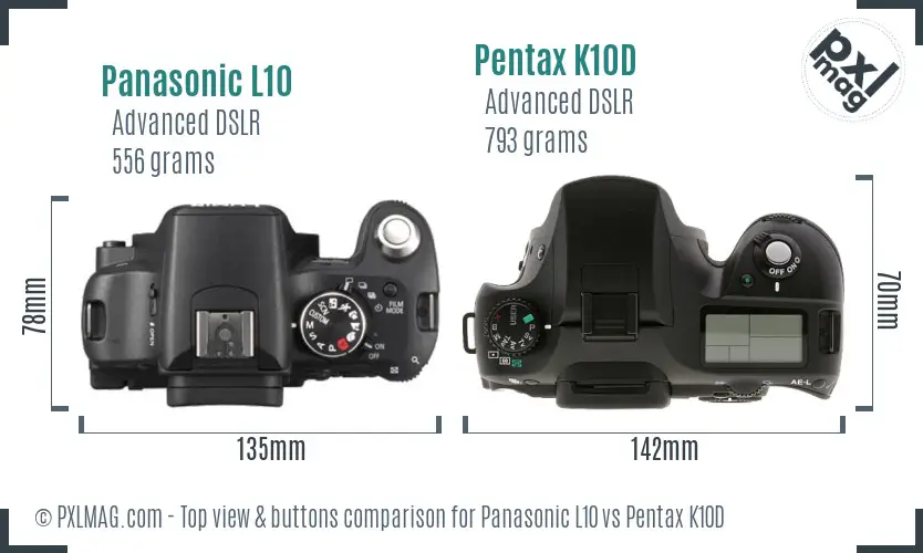 Panasonic L10 vs Pentax K10D top view buttons comparison