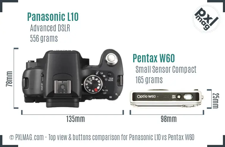 Panasonic L10 vs Pentax W60 top view buttons comparison