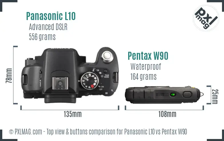Panasonic L10 vs Pentax W90 top view buttons comparison