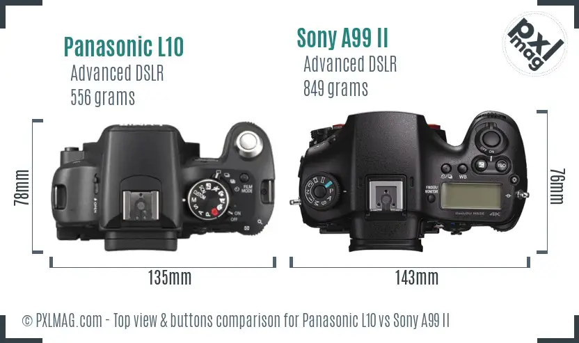 Panasonic L10 vs Sony A99 II top view buttons comparison