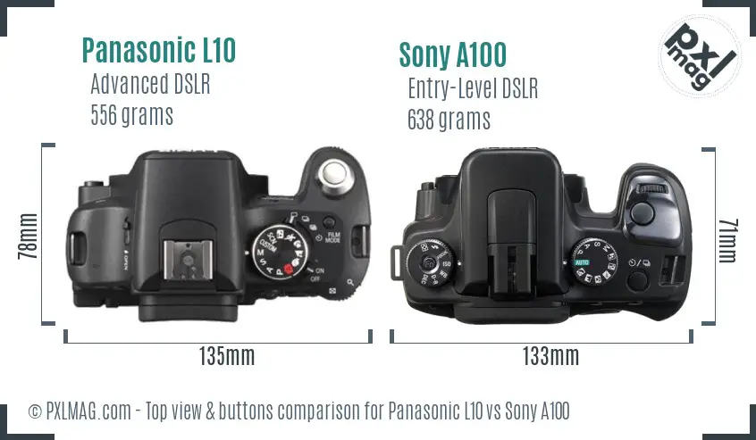 Panasonic L10 vs Sony A100 top view buttons comparison Panasonic L10 vs Sony A100 top view buttons comparison