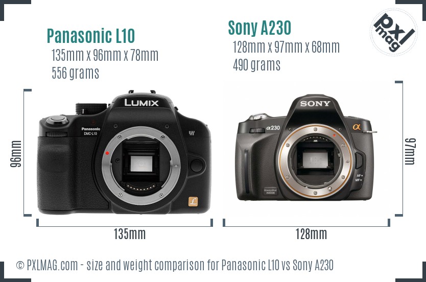 Panasonic L10 vs Sony A230 size comparison