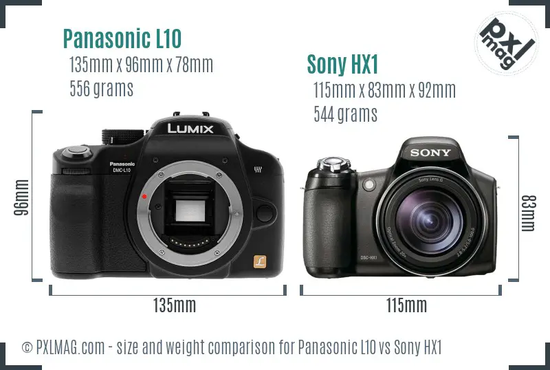 Side-by-side physical size comparison of Panasonic L10 and Sony HX1 showing ergonomics and camera design