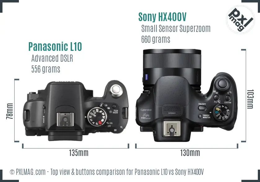 Panasonic L10 vs Sony HX400V top view buttons comparison