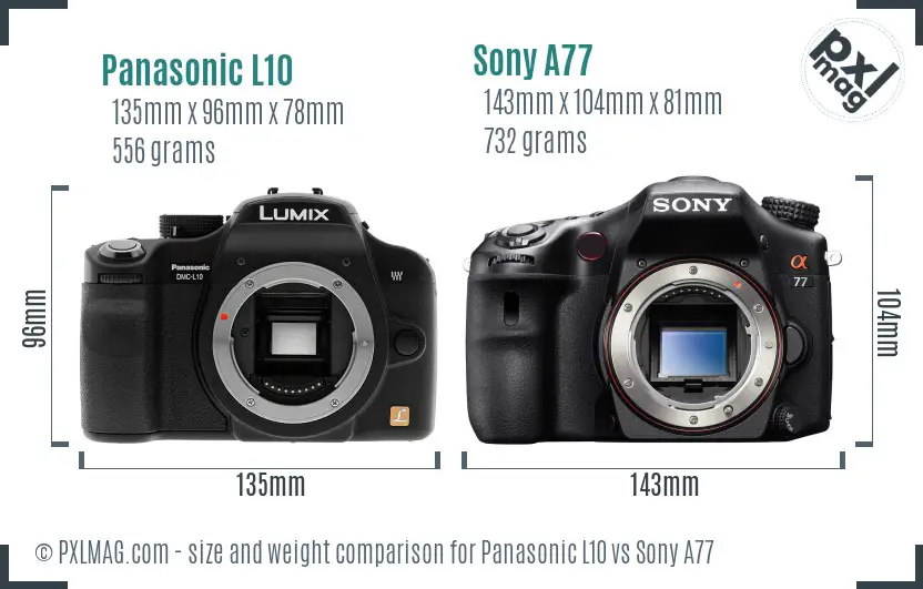 Panasonic L10 vs Sony A77 size comparison