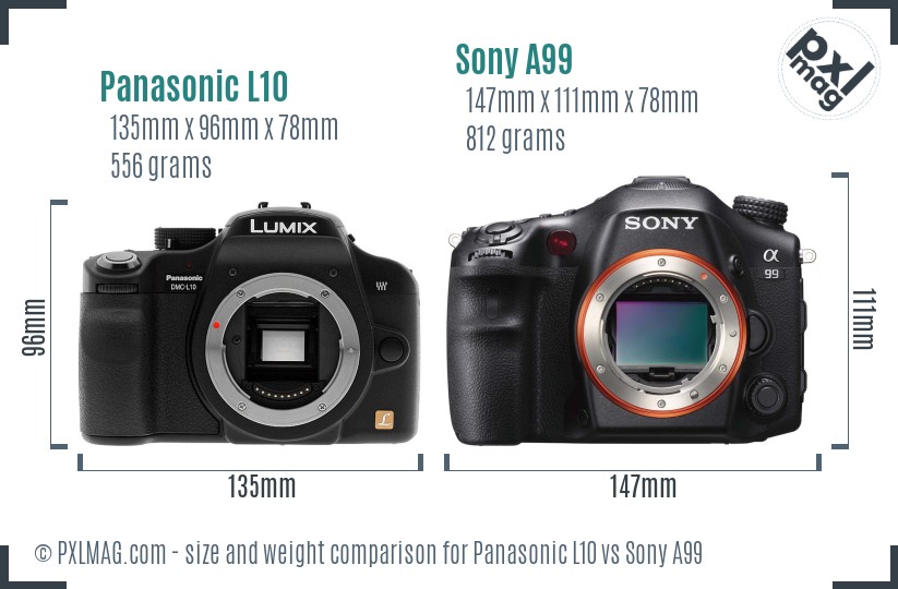 Panasonic L10 vs Sony A99 size comparison