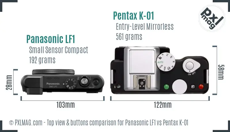 Panasonic LF1 vs Pentax K-01 top view buttons comparison