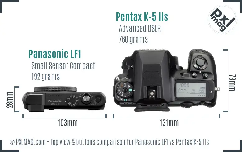 Panasonic LF1 vs Pentax K-5 IIs top view buttons comparison