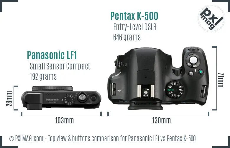 Panasonic LF1 vs Pentax K-500 top view buttons comparison