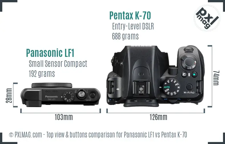 Panasonic LF1 vs Pentax K-70 top view buttons comparison