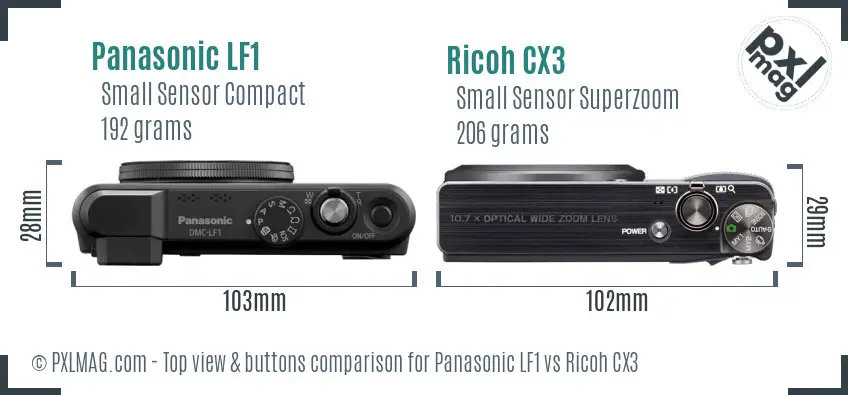 Panasonic LF1 vs Ricoh CX3 top view buttons comparison Panasonic LF1 vs Ricoh CX3 top view buttons comparison
