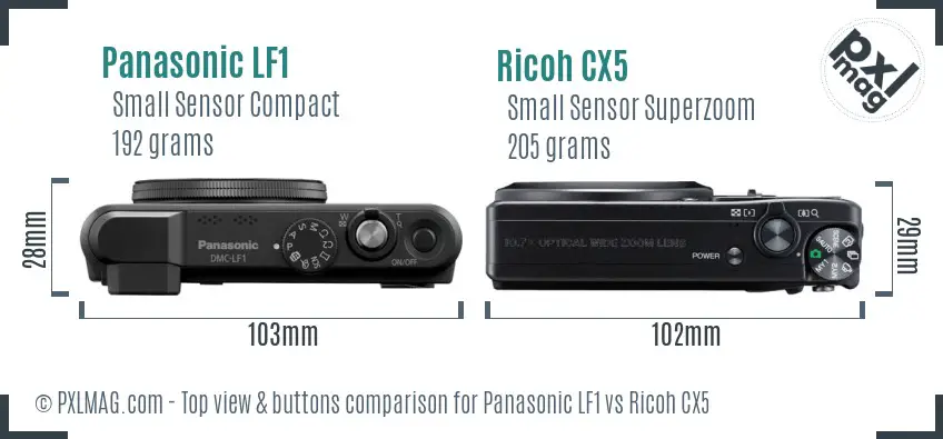 Panasonic LF1 vs Ricoh CX5 top view buttons comparison Panasonic LF1 vs Ricoh CX5 top view buttons comparison